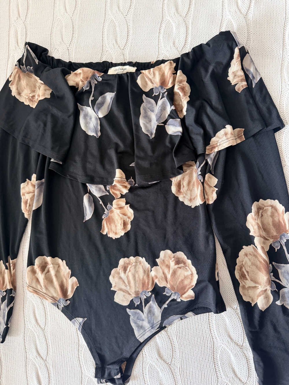 Black Floral Long Sleeve Off the Shoulder Bodysuit Size L Ruffle - Picture 3 of 13